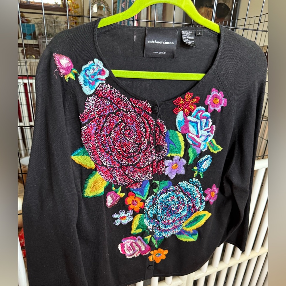 Michael Simon Black Cardigan with Colorful Floral Embroidery